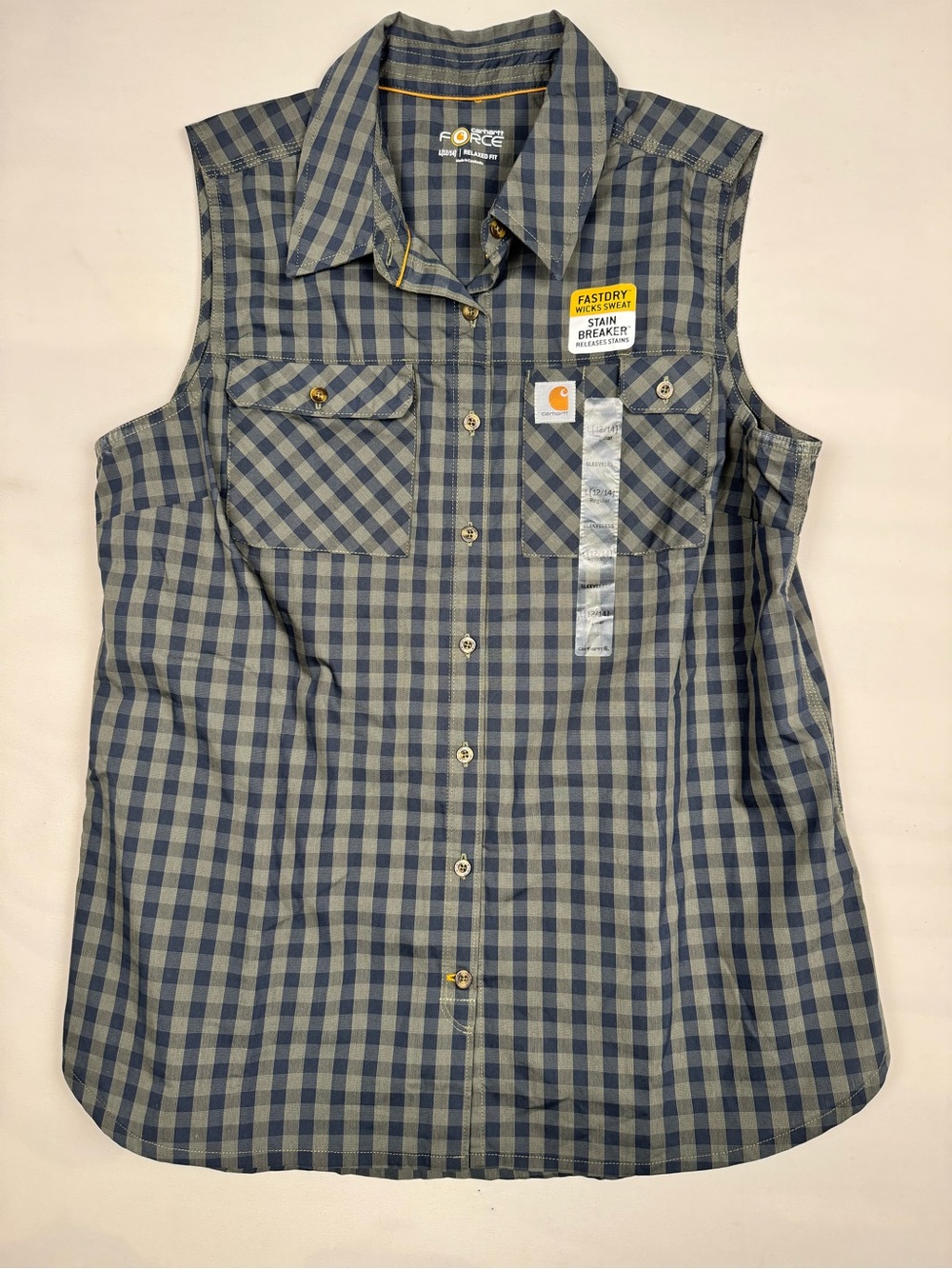NWT Carhartt Force Ridgefield Sleeveless Blue Green Plaid Shirt Women’s L